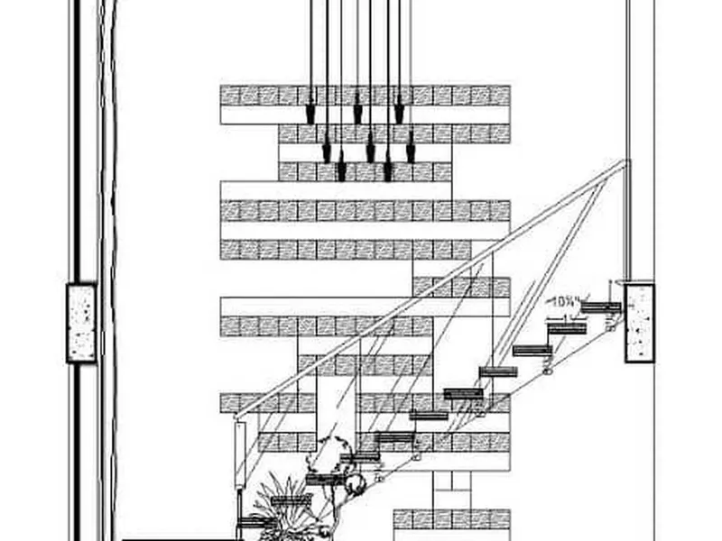 A studio drawing: elevation of a floating staircase with its railing and stone cladding